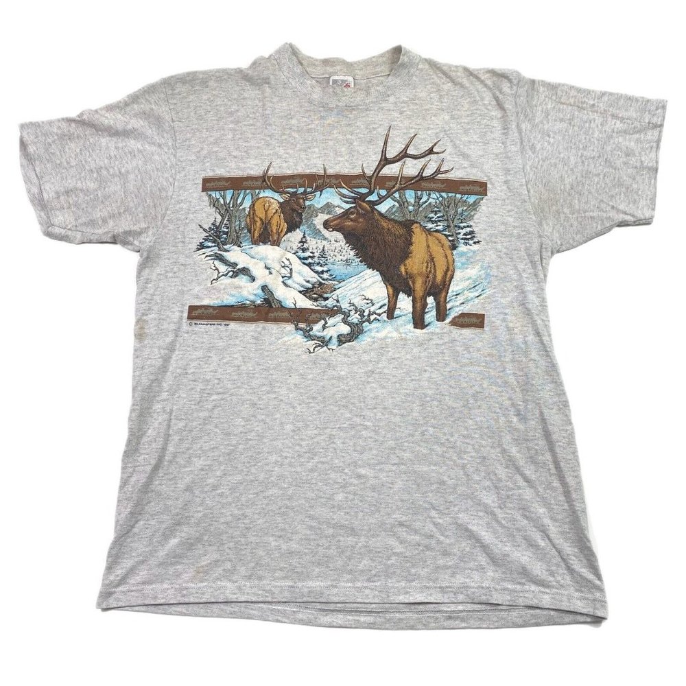 Vintage Single Stitch Moose Wildlife T Shirt Size Medium Gray 80s USA Outdoors